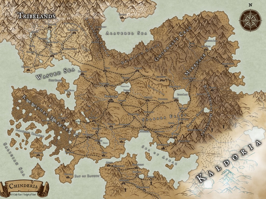 Map of Chinderia, surrounded by snowy mountains in the north, marshes and sea in the West, mountains and uninhabited forest in the East, and neighbouring Kaldoria to the south.